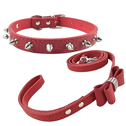 Newtensina Moda Collar y Correa de Perro con Pinchos Punk Grano de cocodrilo Pinchos Collar de Cachorro con Pajarita Correa para Perros - Rojo - L