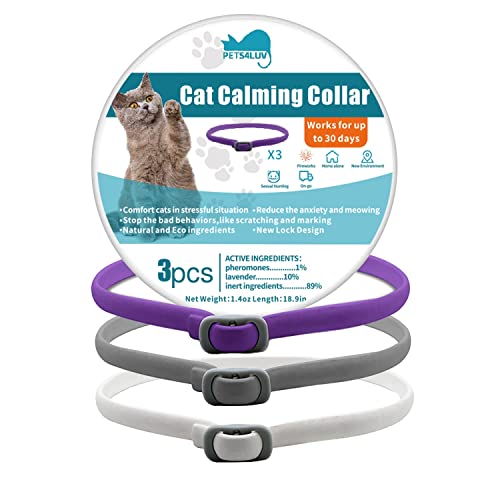 Pets4Luv Collar calmante para Gatos - Collares calmantes de feromonas, antiansiedad para Gatos pequeños, medianos y Grandes, Ajustable e Impermeable, 100% Natural, Paquete de3