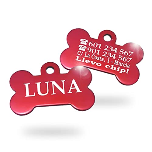 Chapa XL para Perros y Gatos Grandes Personalizada - Ideal para Grabar su Nombre y tu Contacto - Placa Identificativa Hecha de Aluminio brillante - Diseño de Hueso - Color Rojo - Ibera Gifts