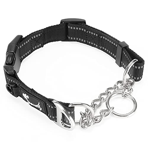 PETTOM Collar Antitirones para Perro Martingale Collar Estrangulador con Hebilla de Cierre de Seguridad Anillo de Metal, Reflectante Ajustable Collar para Perros Pequeños Medianos Grandes Negro M