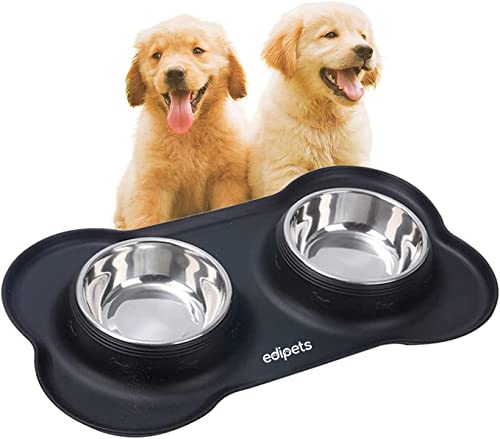 Edipets, Comedero Perro Gato y Mascotas, Bebedero Perro Gatos, Doble Plato Extraíble de Acero Inoxidable, Base de Silicona Antideslizante (Negro)