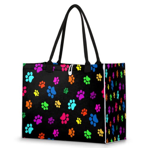 Bolsa de playa para mujeres y niñas de colores con estampado de huellas de perro de perro grande de playa, a prueba de arena, bolsa de hombro reutilizable, bolsa de compras de comestibles con asa,