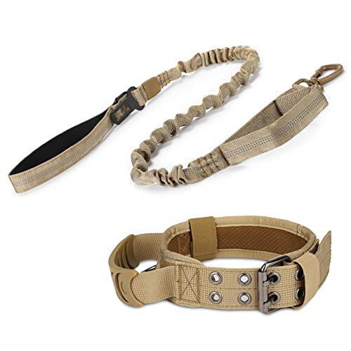 Huntvp táctico Correa para Perro y Collar, Reflectante Collar Ajustable, Militar Correa Nylon con 2 Asas, para Perros Medianos Grandes Caza Al Aire Libre Entrenamiento, Marrón L