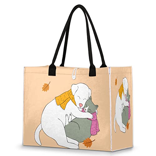 cfpolar Bolsa de playa para mujeres y niñas, perro, gato, otoño, arce, grande, a prueba de arena, bolsa de mano utilitaria, bolsa de hombro reutilizable, bolsa de compras con asa, Con color