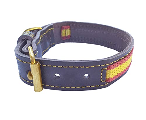 Tiendas LGP - Collar para Perros pequeños de Piel Flor con Bandera de España. 2,5 x 42 cm, Marrón, Contorno Cuello de 27 a 36 cm.