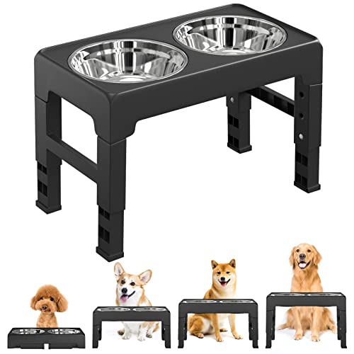 Lewondr Cuenco Elevado para Perros, Comedero Plegable para Mascotas con Soporte, Estante de 4 Alturas Ajustables, 2 Tazones Acero Inoxidable para Comer y Beber para Perro Pequeño Mediano Grande, Negro