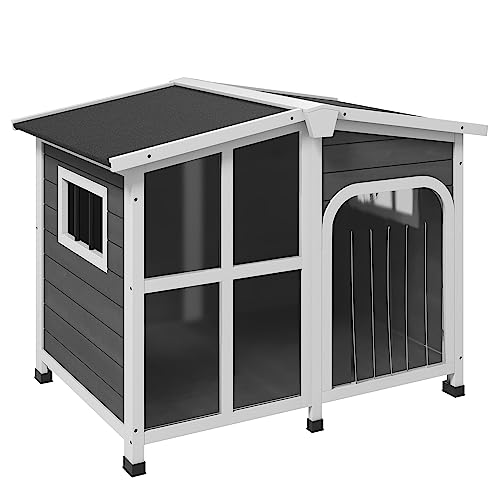 PawHut Caseta para Perros de Madera 101x66,5x70,5 cm Casa para Mascotas con Techo Abatible Frontal de Acrílico Puerta con Cortina y Fondo Extraíble Gris Oscuro