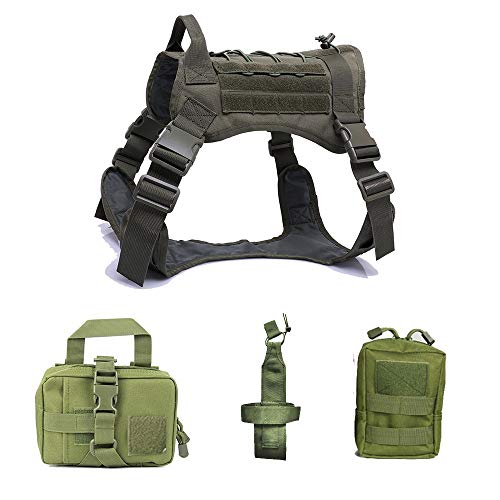 Chaleco de perro arnés de caza de trabajo chaleco de entrenamiento ajustable chaleco patrulla, transpirable y ajustable comodidad no más remolques o asfixia, para perro mediano grande (verde+bolsa, M)