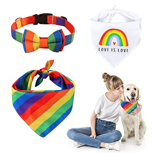 HACRAHO Juego de bandana y collar para mascotas, 3 bandanas transpirables de arco iris, baberos suaves y coloridos con collar ajustable de lazo arco iris para perro gato y mes del orgullo