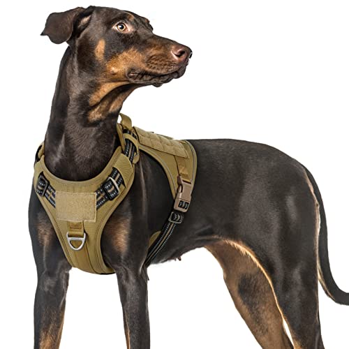 rabbitgoo Arnes Perro Antitirones, Arnes Perro Grande Mediano Transpirable, Arnes Táctico Perro ajustable con Asa Anillos y Molle, Chaleco Durable Reflectante para Adiestrar, Caminar, Cazar, Marrón, L