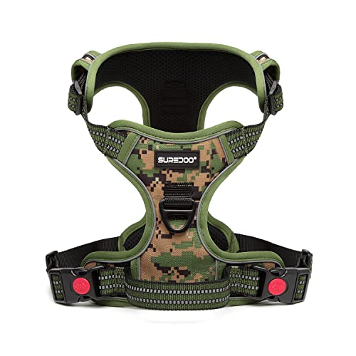 Suredoo Arnés Perro Grande Mediano con Asa Acolchado, Arnés Pecho Antitirones para Perros Ajustable Transpirable Reflectantes Cómodo Chalecos Perro para Adiestramiento y Correr (XL, Camo Verde)