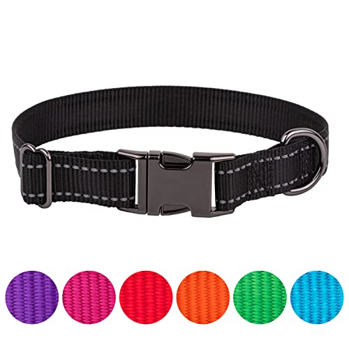 FAVPET Collar Reflectante de Nylon, Collar de Perro Ajustable con Hebilla Metálica, Collar para Perros Grandes, Collar de Perro Mediano, Collar para Perro Pequeño, Collares para Cachorros (L, Negro)