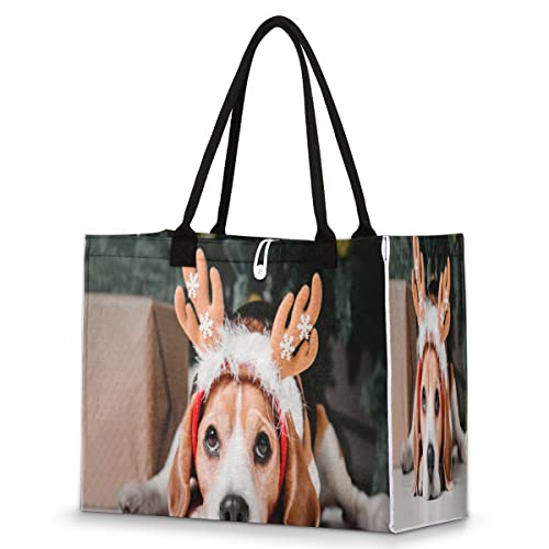 cfpolar Bolsa de playa para mujeres y niñas, perro, de Navidad, bonita bolsa de playa grande, a prueba de arena, bolsa de hombro reutilizable, bolsa de compras de comestibles con asa, Con color