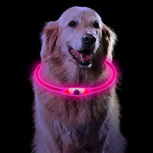 Sarsumir Collar Luminoso Perro Recargable, Collar Luz Perro Impermeable con 3 Modos de Luz, Ajustable Collares LED para Perros Gatos Pequeño Mediano Grande Seguro por la Noche, Rosado