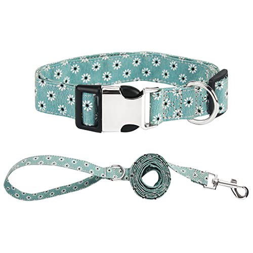 Piang Gouer Collar y correa para perro, diseño floral con hebilla de metal, tamaño ajustable, para perros pequeños y medianos (verde-L)