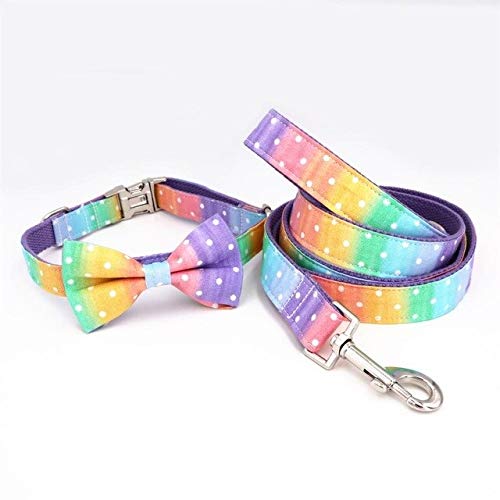 YUQIAN Collar para Mascotas Conjunto De Collar Y Correa para Perro con Lunares Arcoíris con Pajarita para Perro Grande Y Pequeño Collar De Tela De Algodón Hebilla De Metal