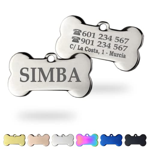 Chapa para Perro y Gato Personalizada - Ideal para Grabar su Nombre y tu Contacto - Placa Identificativa Hecha en Acero Inoxidable - Perros y Gatos Medianos/Grandes - Plateado - Ibera gifts