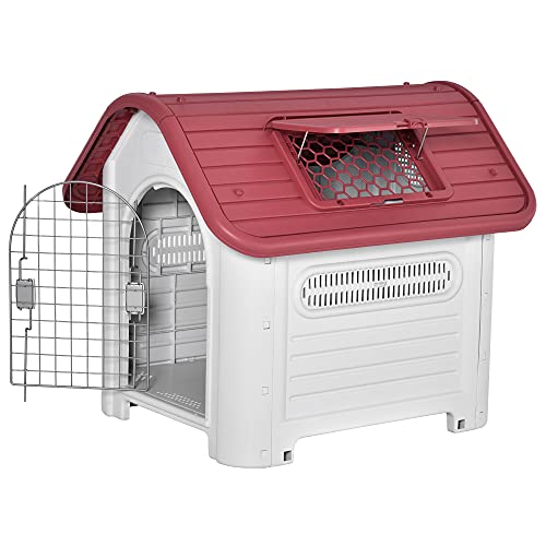 Pawhut Caseta para Perro con Puerta Extraíble Base Elevada 3 Respiraderos y Ventana Abrible Caseta de Perros para Interior y Exterior 72x87x75 cm Gris Rojo