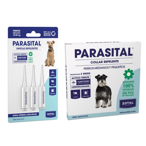 Zotal PARASITAL® Pack Collar Antiparasitario Perros Medianos y Pequeños + Pipeta Perros medianos 10-25 kg | Pack contra los parásitos externos en Mascotas | Ingredientes Activos Naturales | Marca