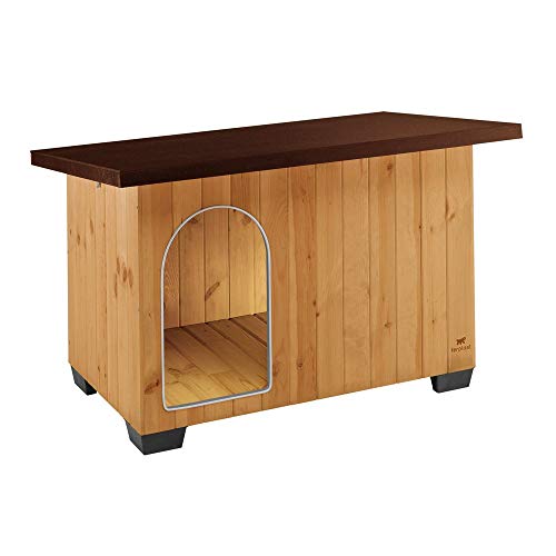 Ferplast Caseta de exterior para perros BAITA 120, Madera ecosostenible, Pies aislantes, Puerta con perfil de aluminio resistente a las mordeduras, Techo abrible, 141 x 86,5 x h 87 cm