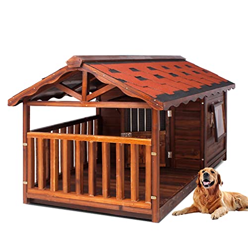 JHKGY Casa De Perro De Madera,Casa para Perros Extra Grande con Puerta para Uso En Interiores Y Exteriores, con Perrera De Cabaña De Troncos Porche,con Área De Valla Y Placa Inferior Extraíble,L