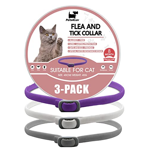 Pets4Luv Collar Antipulgas para Gatos, Talla Única, Fabricado con Aceites Esenciales, Seguro y Eficaz para el Control de Pulgas y Garrapatas, Diseño Impermeable y Desmontable, 8 Meses 3 Piezas