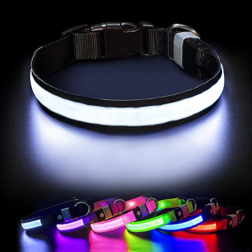 Collar Luminoso Perro, LED Collar para Perro con Luz USB Recargable y 7 Colores, Impermeable Ajustable Collares LED para Perro Pequeño Mediano Grande de Mascota, Negro-S