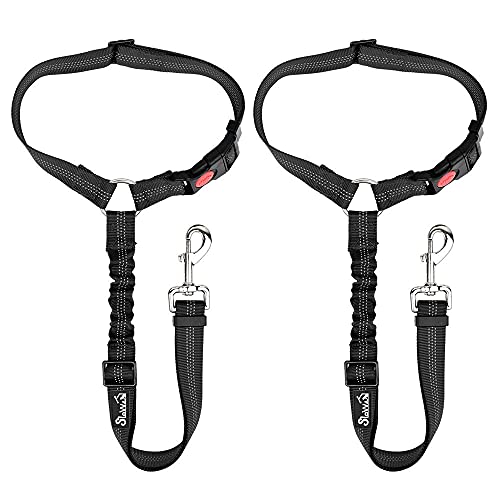 SlowTon Cinturón de Seguridad para Perros, Paquete de 2 Cinturón de Seguridad para el Asiento del cajero con Banda elástica y Reflectante Se Conecta con el vehículo con Brazo (Negro)