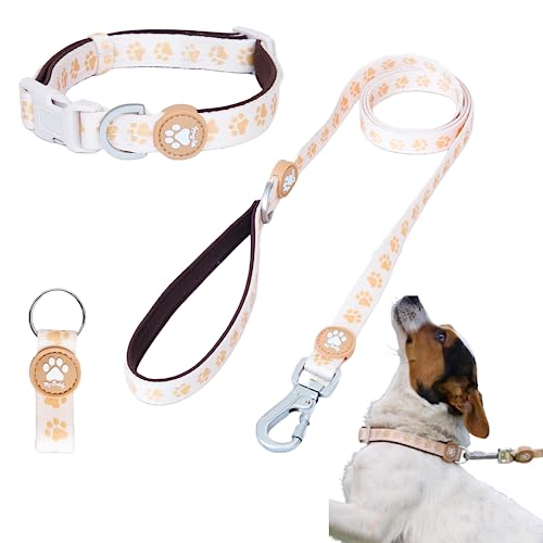 MY BUDDY - Pack Correa de Perro y Collar de Perro + Llavero - Material Resistente con Acolchado Suave de Neopreno, Mosquetón 360⁰ con Seguro - Diseño Beige con Huellas - Tallas S,M,L Regulables (S)