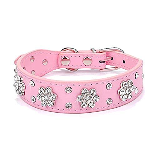 haoyueer Collar de perro con diamantes de imitación, collar de perro con diamantes de imitación, collar de piel sintética, tamaños ajustables, pequeño, mediano y grande (S, rosa)