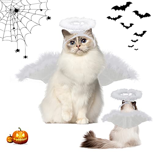 Alas de ángel Disfraz Gato, XiXiRan Disfraz Perro Halloween Disfraz para Perro Pequeño, Mediano, Disfraz de Alas de ángel para Mascotas con Halo de ángel Diadema para Fiesta Halloween (M/L)