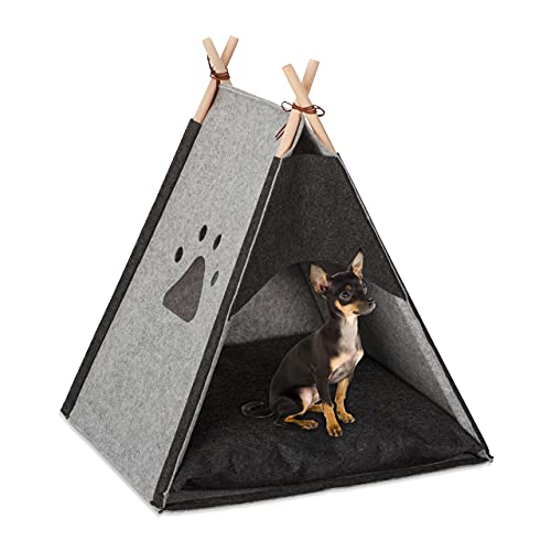 Relaxdays Tipi para Perros, Casita, Cama Gato, Tienda, Cojín, 1 Ud, Fieltro-Madera, 70,5 x 59,5 x 59 cm, Gris Claro