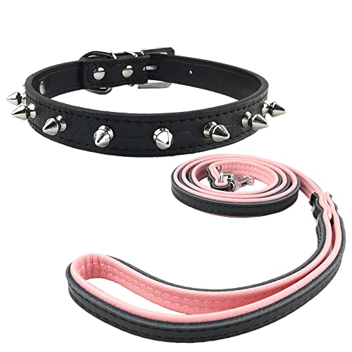 Newtensina Moda Collar y Correa de Perro con Pinchos Punk Grano de cocodrilo Pinchos Collar de Cachorro con Color de Contraste Correa para Perros - Negro - XS