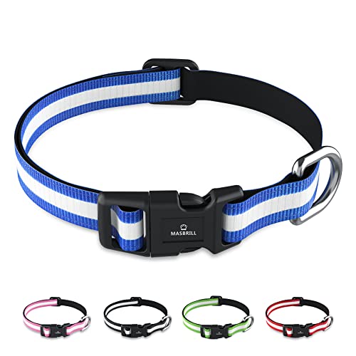 MASBRILL Collar Perro, Collar de Perro Nylon Reflectante con Neopreno Suave Acolchado, Collare Ajustable para Perros Pequeños Medianos y Grandes, Azul, M(38-50cm)