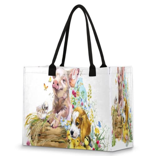 Bolsa de playa para mujeres y niñas, lindo perro cerdo animal grande de playa, a prueba de arena, bolsa de hombro reutilizable, bolsa de compras de comestibles con asa, Multicolor, Talla única