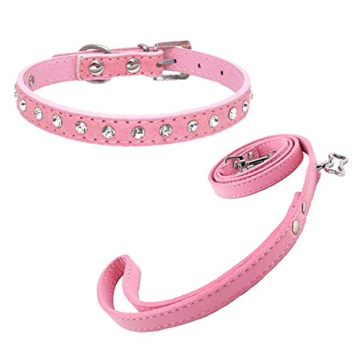 Newtensina Lindo Diamante Cachorro Collar y Correa Bling Gamuza Collar para Perros pequeños Gatos