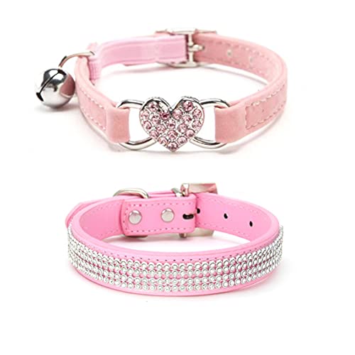 MiaLover 2 collares de perro ajustables con diamantes de imitación, de piel brillante, para perros pequeños y gatos, decoración para perros, dos estilos (rosa)