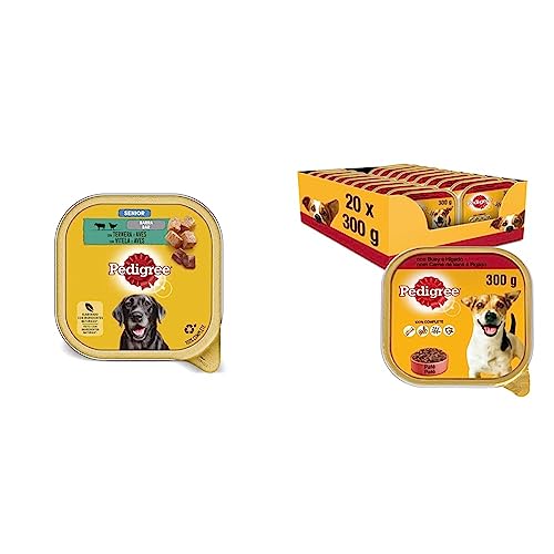 Pedigree Comida Húmeda para Perros Senior, Sabor Ternera y Aves en Paté (Pack de 20 Tarrinas x 300g) & Comida Húmeda para Perros Sabor Buey e Hígado en Paté (Pack de 20 Tarrinas x 300g)