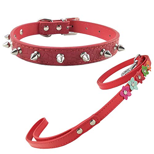 Newtensina Moda Collar y Correa de Perro con Pinchos Punk Grano de cocodrilo Pinchos Collar de Cachorro con Flor Correa para Perros - Rojo - M