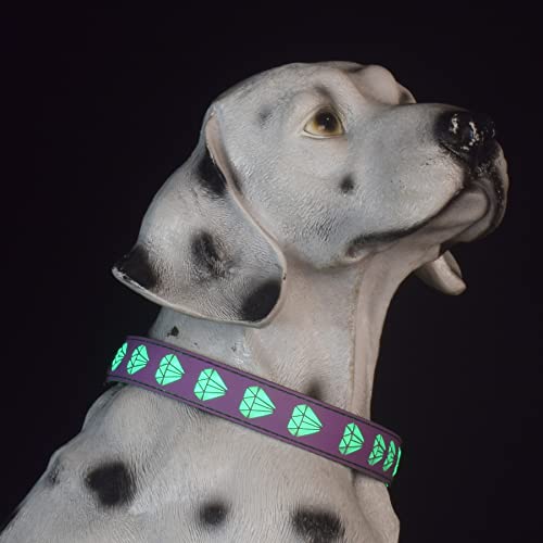 DOGLED Collar de perro con luces para seguridad nocturna, diseño de diamante 3D con material suave, 8 colores, 15 modos de cambio, tamaño ajustable M (15.7-19.7 pulgadas), morado)