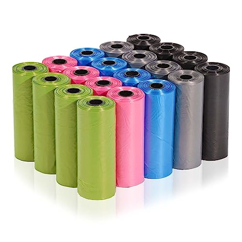 AiTodos® 300PCS Bolsas Caca Perro, 5 Colores, Adecuado Salir de Casa, Bolsas Excrementos Perros-30 * 21.5CM, Polietileno-Material, Portátil -Negro, Azul, Verde, Gris, Rosa(20 Rollos, 15 por Rollo)