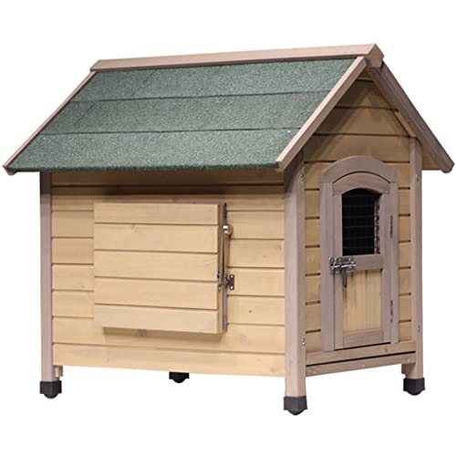 Estilo de cabaña para perros al aire libre, perrera elevada de madera para mascotas con techo de asfalto, puerta delantera, ventana lateral, porche para perros medianos grandes (color: marrón,