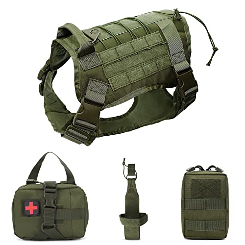 ALLSOPETS Arnés Táctico para Perros y Sistema MOLLE Arnés para Perros Medio Grande Arnés de Chaleco con Bolsa de Botella de Agua Bolsa de Primeros Auxilios Médicos y Bolsa Multiusos Verde L