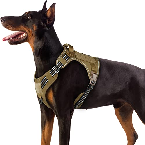 rabbitgoo Arnes Perro Antitirones, Arnes Perro Grande Mediano Transpirable, Arnes Táctico Perro ajustable con Asa Anillos y Molle, Chaleco Durable Reflectante para Adiestrar, Caminar, Cazar, Marrón XL