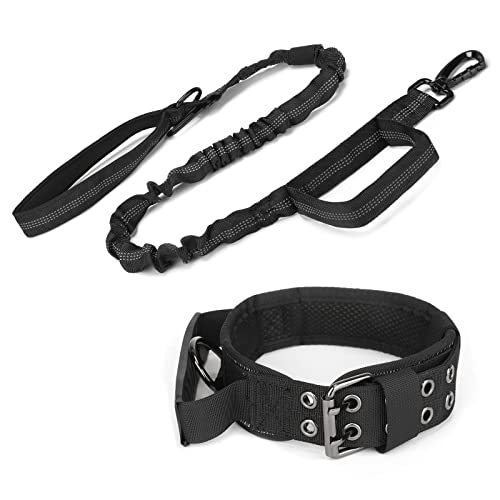 Huntvp táctico Correa para Perro y Collar, Reflectante Collar Ajustable, Militar Correa Nylon con 2 Asas, para Perros Medianos Grandes Caza Al Aire Libre Entrenamiento, Negro XL