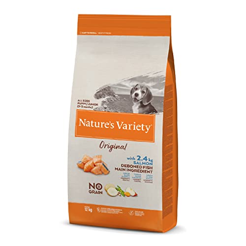 Nature's Variety Original No Grain, Pienso para Perros Junior de todos los tamaños, Sin cereales, con Salmón sin espinas, 12kg