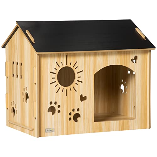 PawHut Caseta de Madera para Perros Pequeños Casa para Mascotas Interior con Puerta Delantera de Forma de Sol Corazón Pata 69x50x58,5 cm Roble