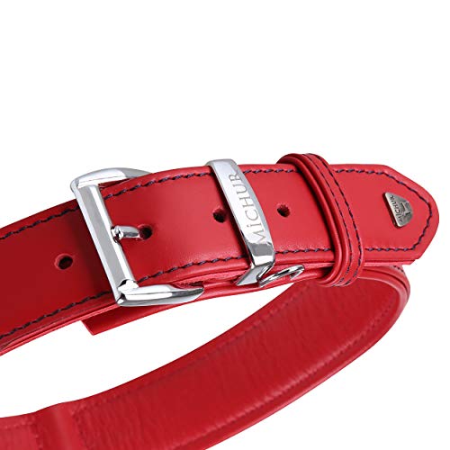 MICHUR Classica Collar de Cuero para Perros, Cuello, Rojo con Costuras Azules y un Anillo para la Placa de identificación, Cuero, Disponibles en Diferentes tamaños, 72cm