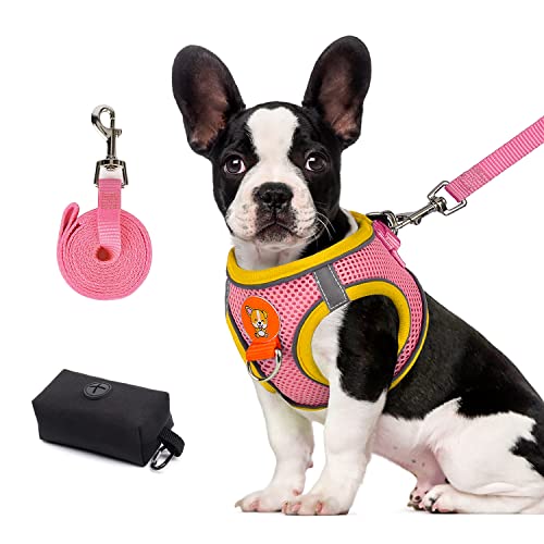 PETLOFT Arnes Perro con Correa y Bolsa, Paso en Sin Tirones Sin Asfixia Arnés de Chaleco para Perros para Perros Mediano Pequeño Mascotas, Rosado