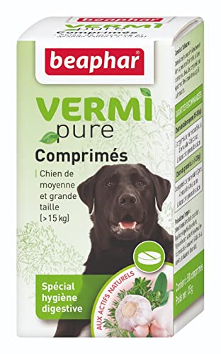 Beaphar VERMIpure Comprimidos Naturales para Combatir Parasitos Intestinales, Mejora la Digestión, Ayuda a Expulsar Parasitos Intestinales, Perros y Cachorros Medianos y Grandes, 50 Comprimidos